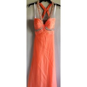 Riva Designs Coral Rhinestone Formal Prom Dress Orange Sz 4